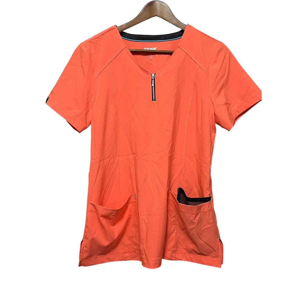 Scrubstar Premium Scrubwear Top Womens Small S Coral‎ Orange Zip Front Pocket